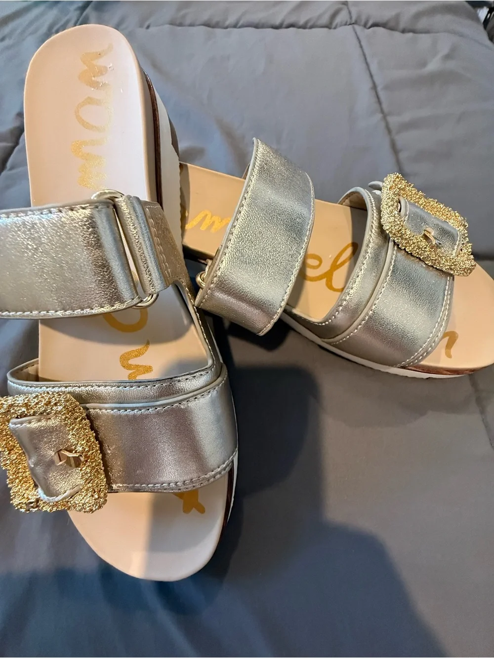 Sam Edelman Metallic Silver Slide Sandals with Gold Buckles - Picture 2 of 2